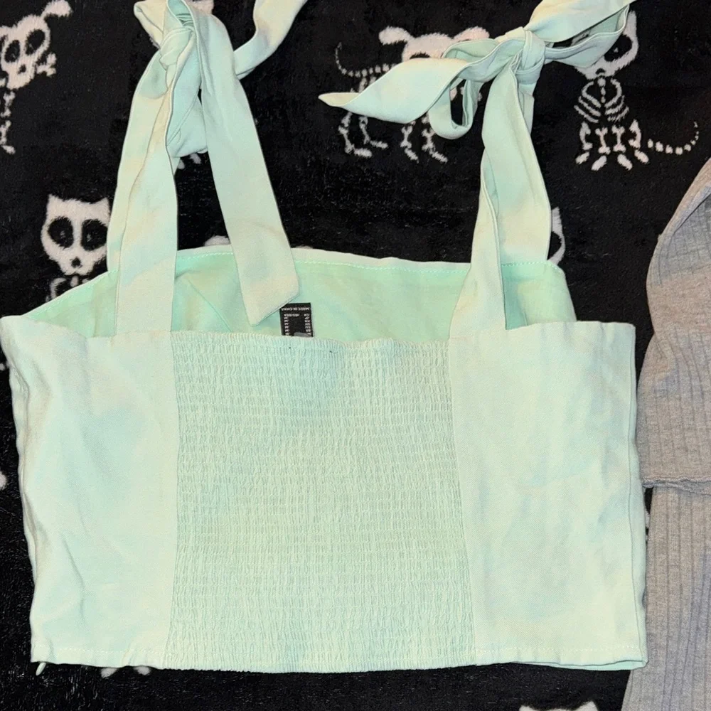 Zara Pale Mint Tie-Shoulder Crop Top & Light Gray Ribbed Wrap Duo